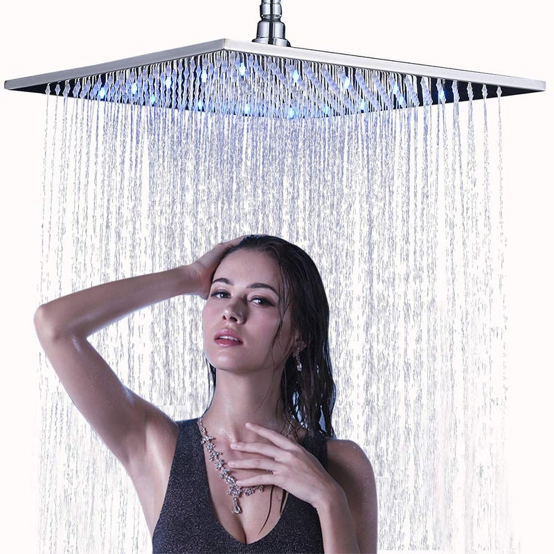 NeierThodore Polished Chrome Large 16 Inch LED Shower Head Solid Square Rainfall with Rubber Nozzles, 3 Settings - Image 1